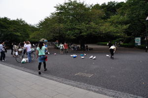 ばら撒かれた風船を集める人